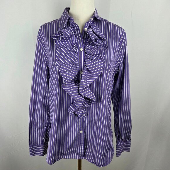 Lauren Ralph Lauren Shirt Large Purple Striped Button-Up Shirt Ruffle Academia - Picture 2 of 10